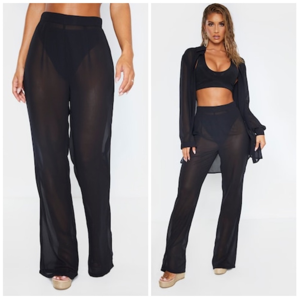 PrettyLittleThing Sheer Black Beach Trouser Wide Leg Swim Cover Up Sz 12 Large
